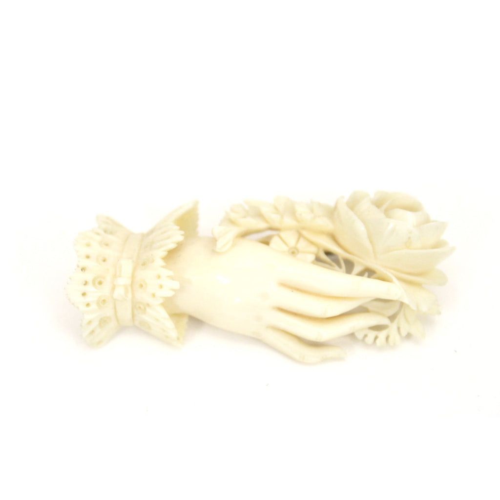 Rare Antique Ivory Brooch Woman's Hand Holding Flowers Hand Carved 2 1/2" Ultra-Victorian Large The Best Vintage Clothing