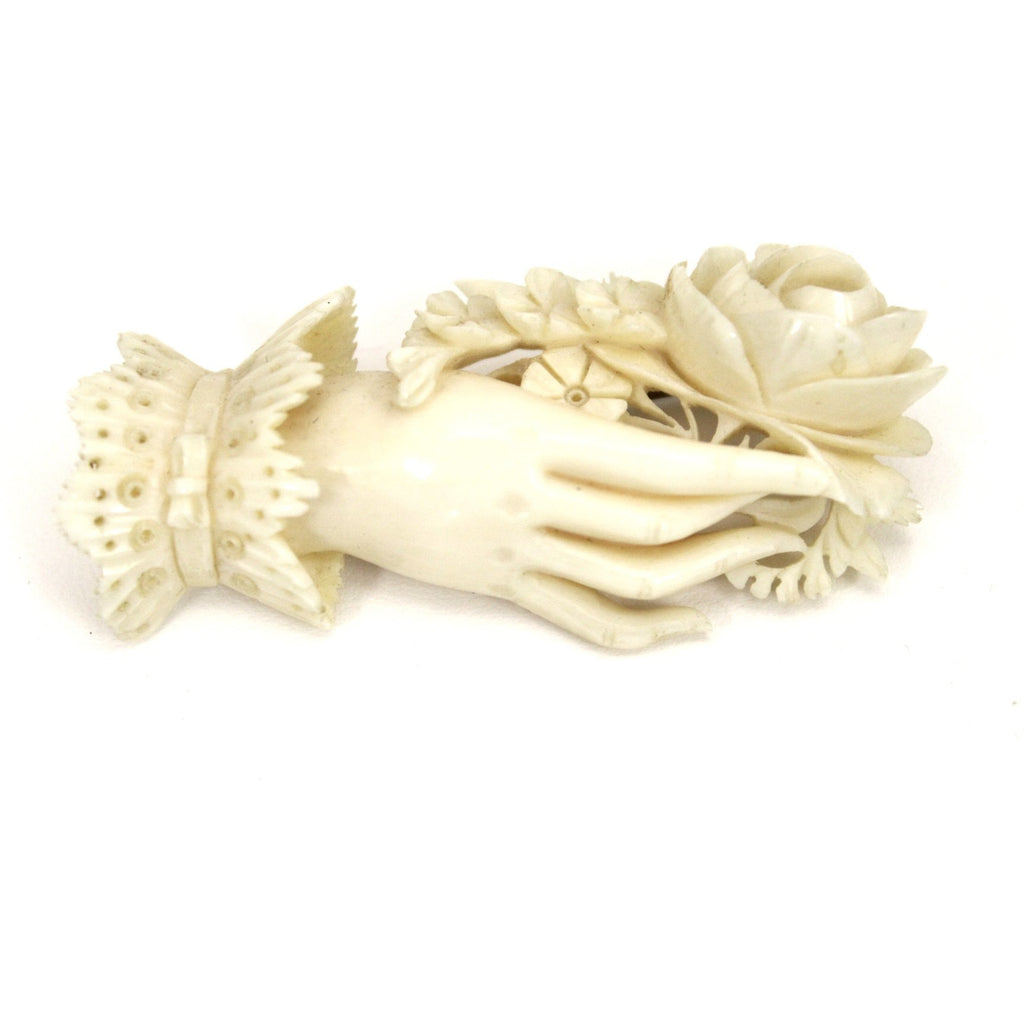 Rare Antique Ivory Brooch Woman's Hand Holding Flowers Hand Carved 2 1/2" Ultra-Victorian Large The Best Vintage Clothing