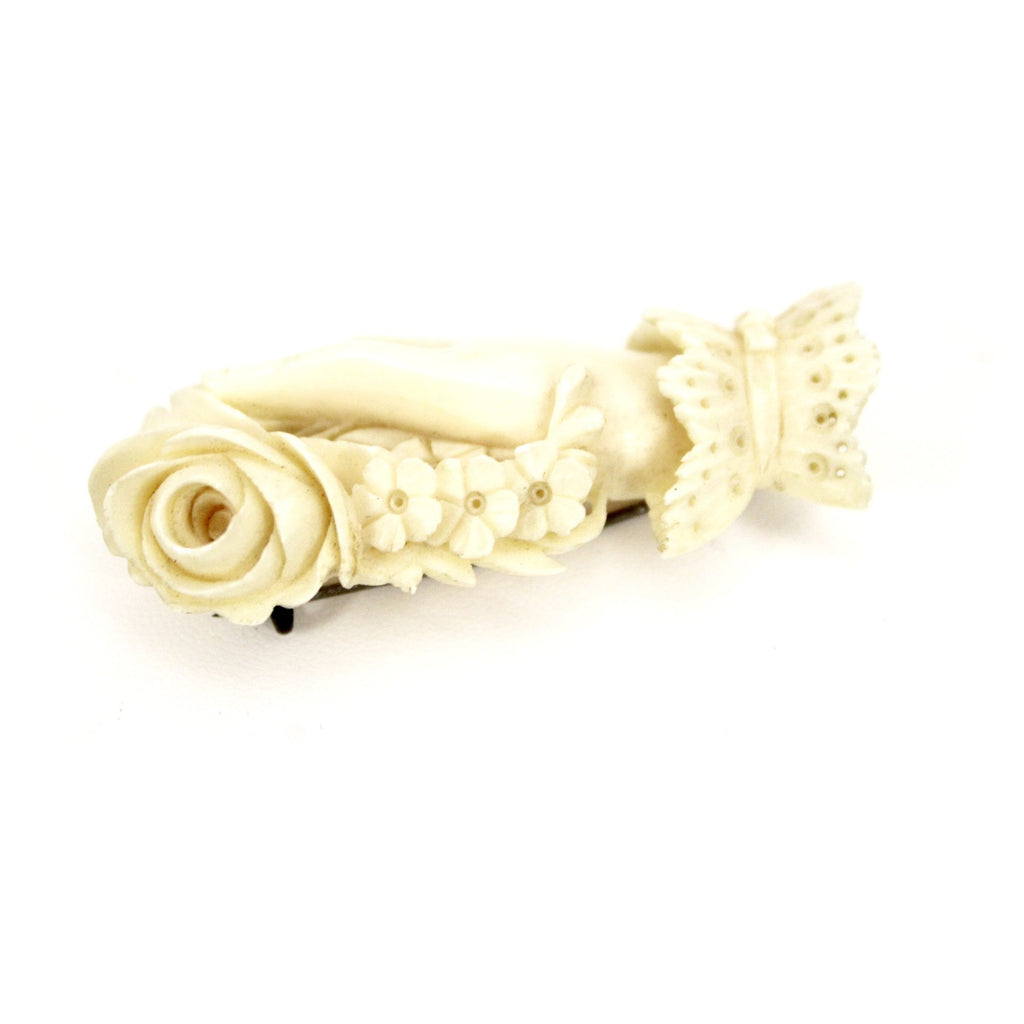 Rare Antique Ivory Brooch Woman's Hand Holding Flowers Hand Carved 2 1/2" Ultra-Victorian Large The Best Vintage Clothing