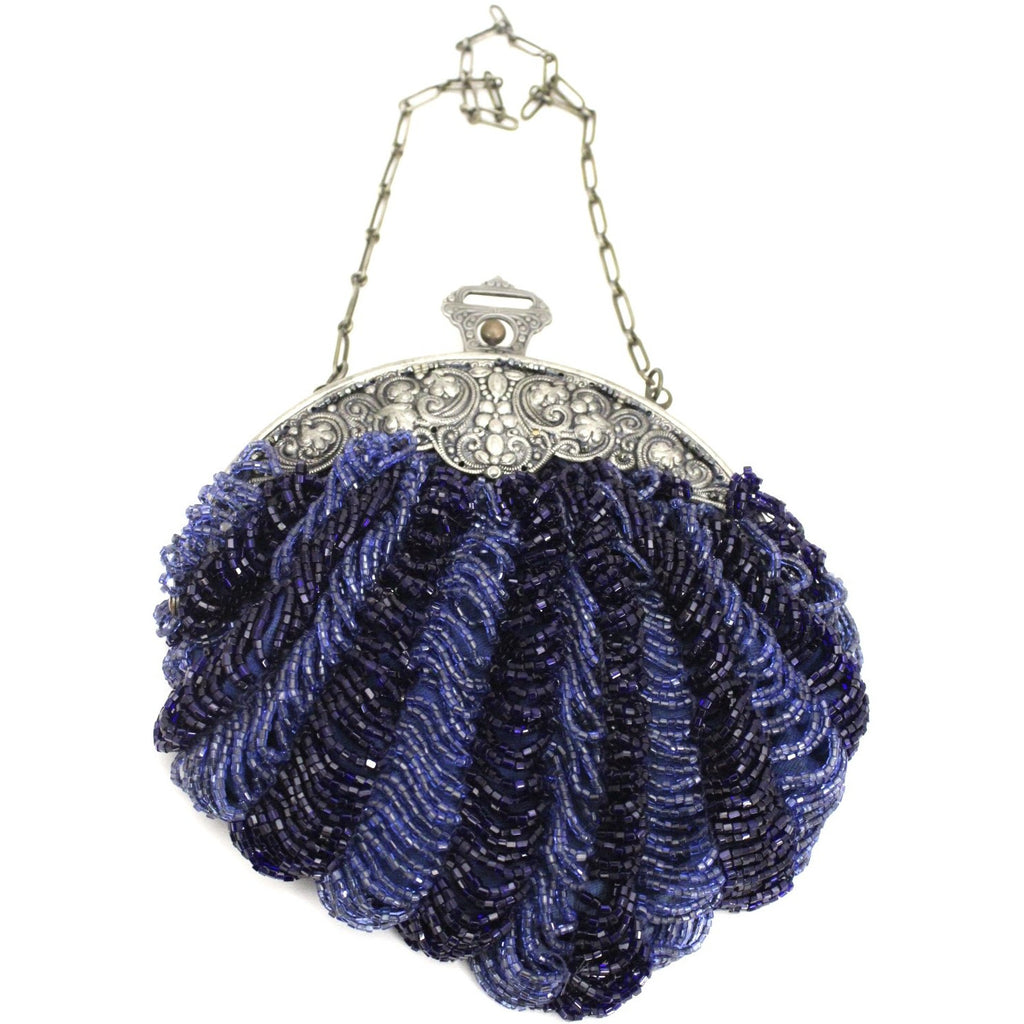 Antique Beaded Round Purse Cobalt Blue Glass Beads Small Bag Ornate Silver Frame The Best Vintage Clothing