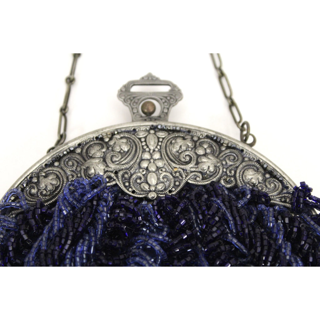 Antique Beaded Round Purse Cobalt Blue Glass Beads Small Bag Ornate Silver Frame The Best Vintage Clothing