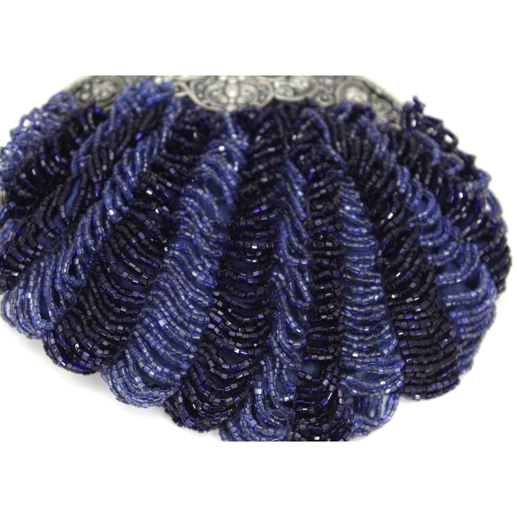 Antique Beaded Round Purse Cobalt Blue Glass Beads Small Bag Ornate Silver Frame The Best Vintage Clothing