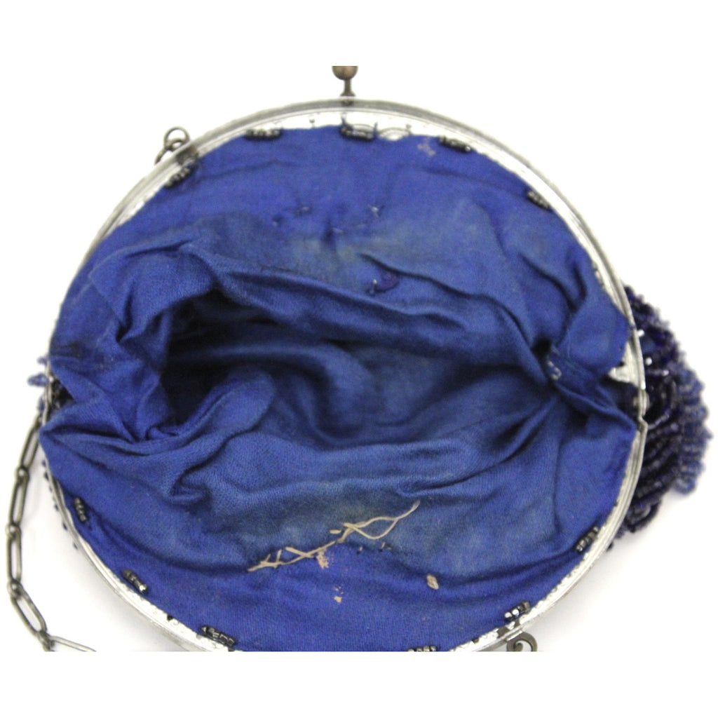 Antique Beaded Round Purse Cobalt Blue Glass Beads Small Bag Ornate Silver Frame The Best Vintage Clothing