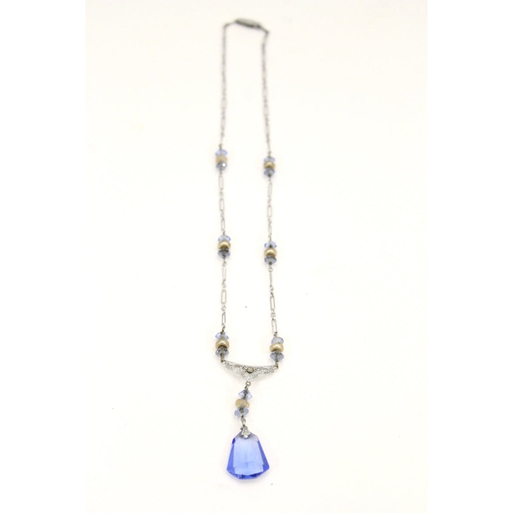 Vintage Art Deco Blue Glass Necklace Pendant Drop White Metal Gatsby 16" Downton Abbey The Best Vintage Clothing
