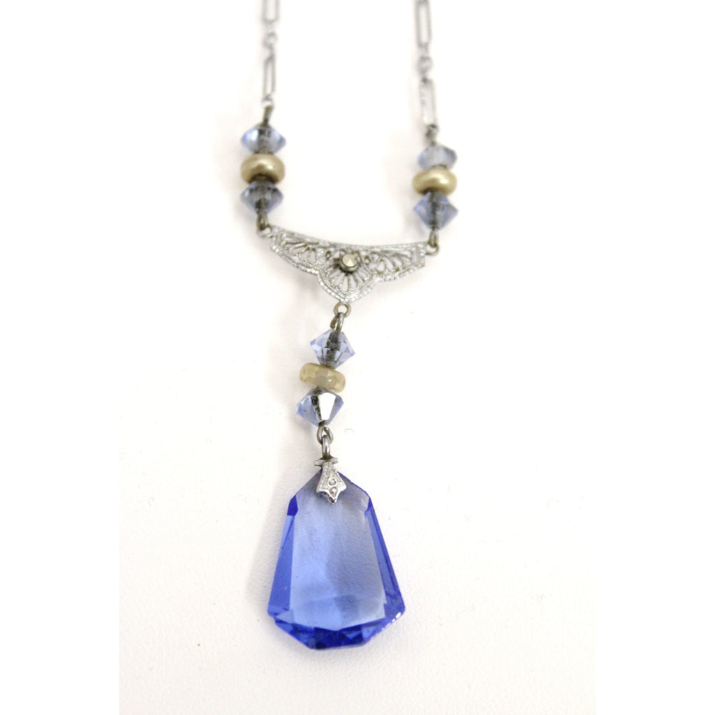 Vintage Art Deco Blue Glass Necklace Pendant Drop White Metal Gatsby 16" Downton Abbey The Best Vintage Clothing