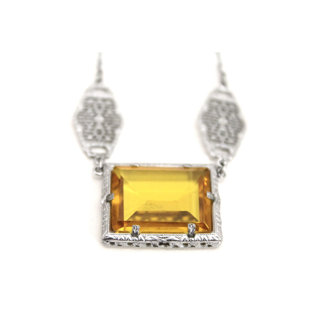 Antique Art Deco 1920s Flapper Necklace Choker Rhodium Filigree Amber Yellow Glass Fob 15" The Best Vintage Clothing