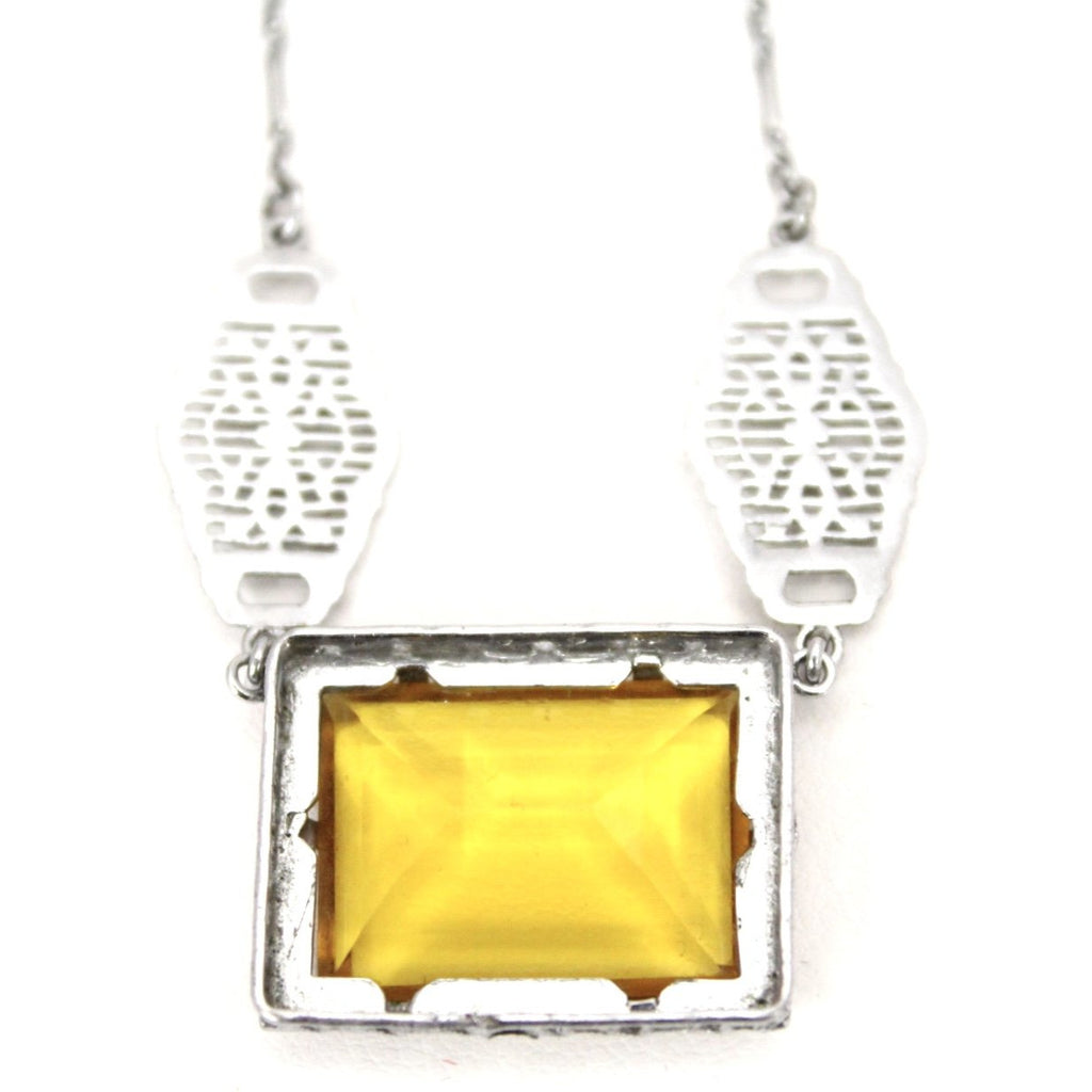 Antique Art Deco 1920s Flapper Necklace Choker Rhodium Filigree Amber Yellow Glass Fob 15" The Best Vintage Clothing