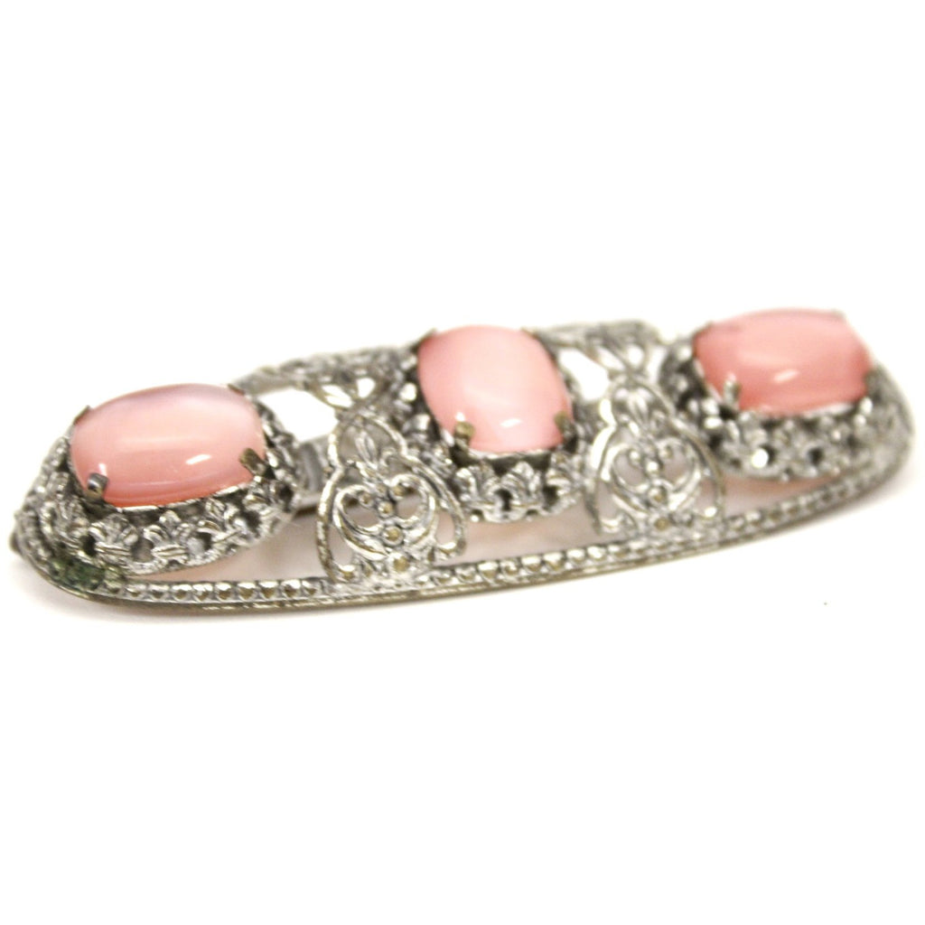 Antique Czech Brooch Pale Pink Opalescent Cabochons Metal Filigree Victorian 3" The Best Vintage Clothing