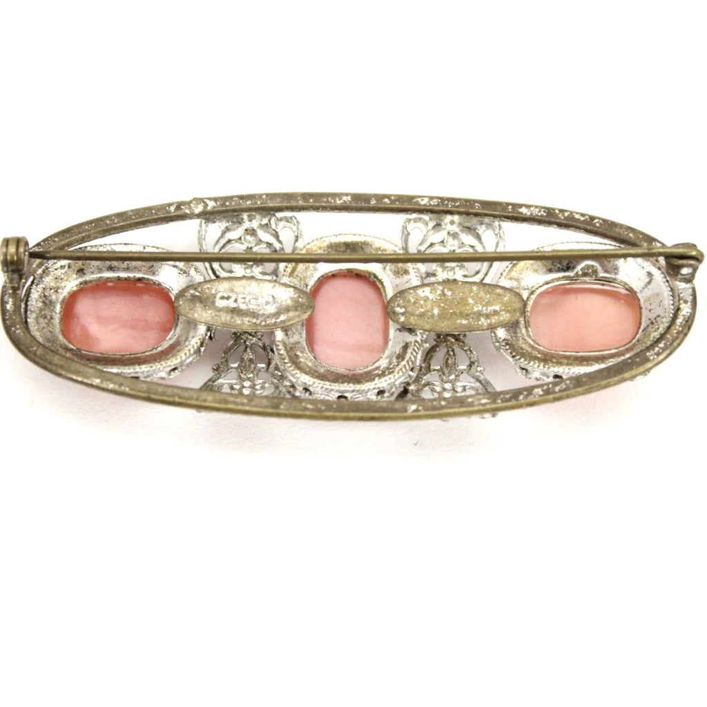 Antique Czech Brooch Pale Pink Opalescent Cabochons Metal Filigree Victorian 3" The Best Vintage Clothing