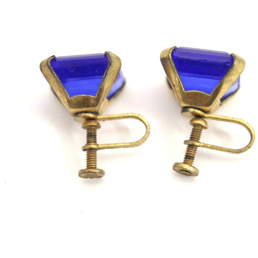 Vintage 1920s Earrings Cobalt Blue Glass Square Faceted Brass Screw Back 9/16" Art Deco Gatsby The Best Vintage Clothing
