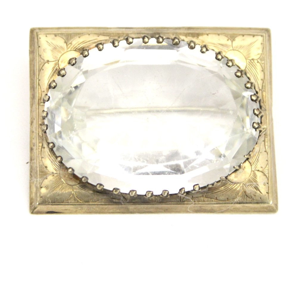 Antique Victorian Sash Pin Brooch HEAVY center Clear Glass Gold PLATED Rectangular 1 3/4" The Best Vintage Clothing