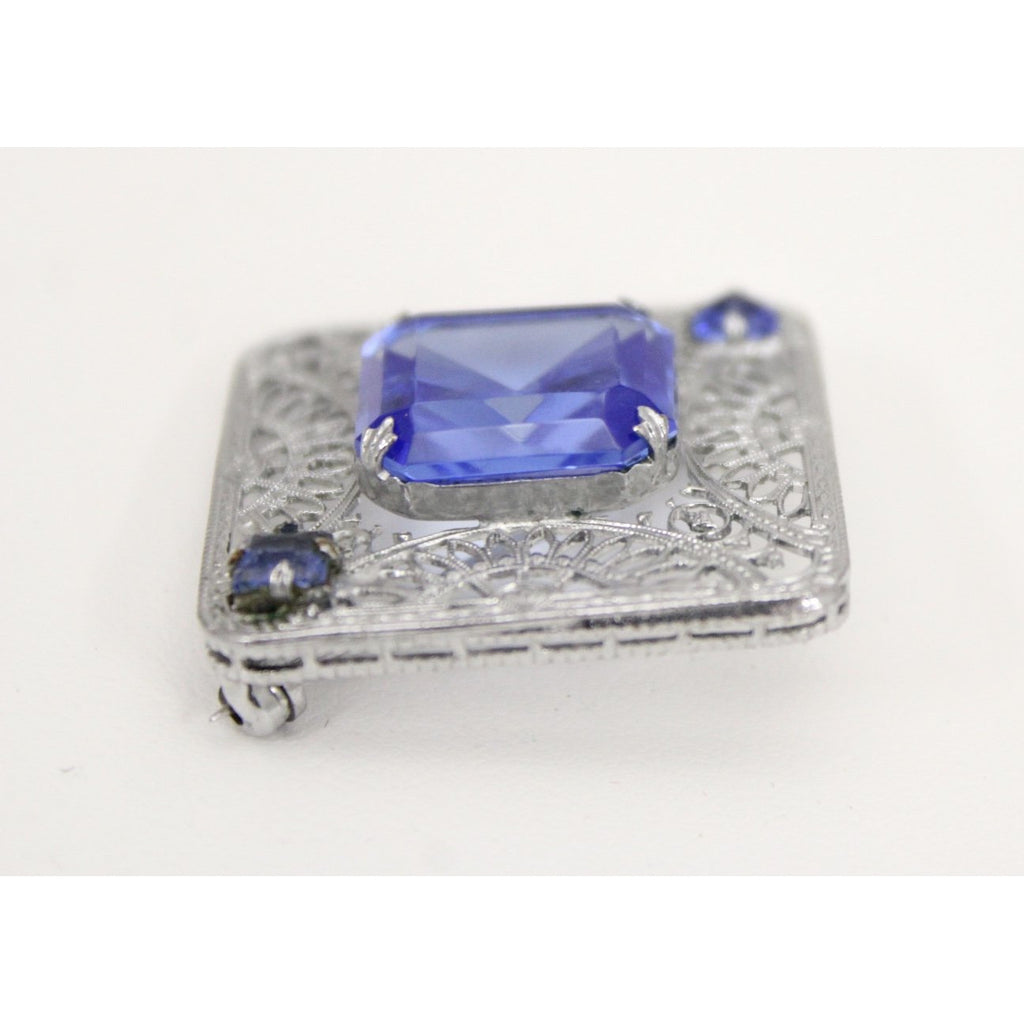 Antique Art Deco Brooch 1920s Square Pin Blue Glass White Metal Filigree 1 3/8" Cloche Pin The Best Vintage Clothing
