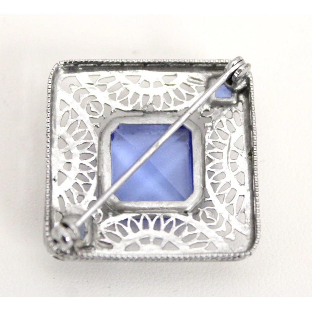 Antique Art Deco Brooch 1920s Square Pin Blue Glass White Metal Filigree 1 3/8" Cloche Pin The Best Vintage Clothing