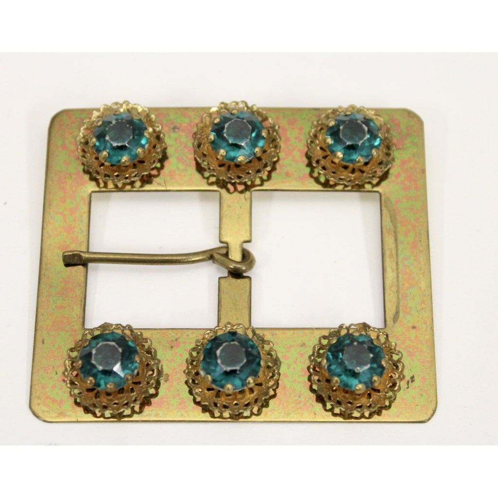 Large Antique Buckle Hat Ornament Brass w Emerald Green Rhinestones 3" The Best Vintage Clothing