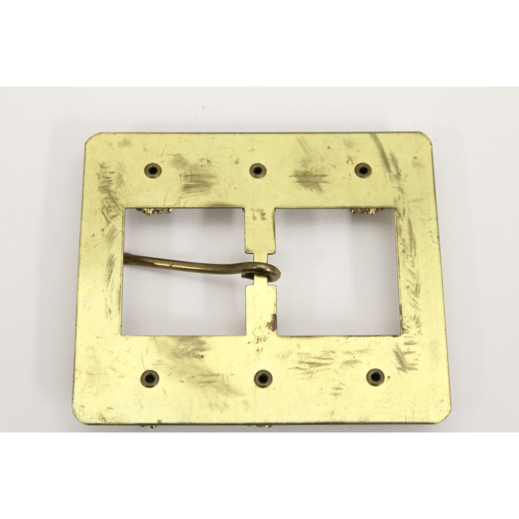 Large Antique Buckle Hat Ornament Brass w Emerald Green Rhinestones 3" The Best Vintage Clothing