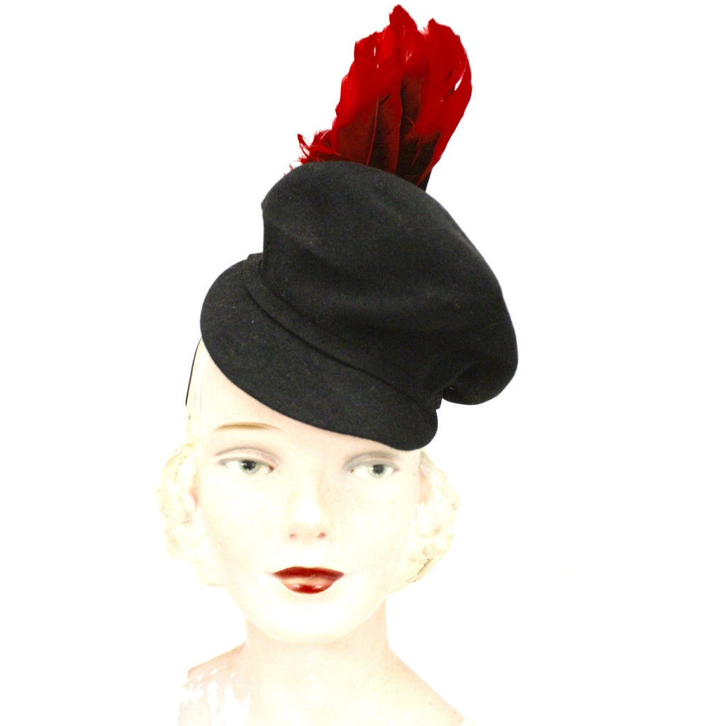 Vintage Womens Doll Hat 1930s Black Felt Fascinator Red Feather Accent WW2 The Best Vintage Clothing