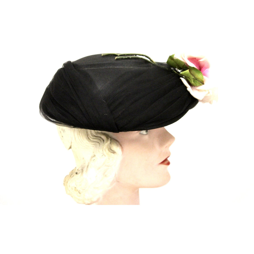 Vintage Womens Hat Modified Saucer Church Black w Rose 1950s O/S Mid-Century Wide Brim The Best Vintage Clothing
