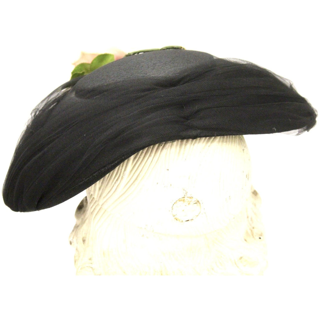 Vintage Womens Hat Modified Saucer Church Black w Rose 1950s O/S Mid-Century Wide Brim The Best Vintage Clothing