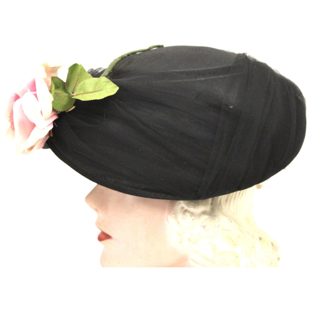 Vintage Womens Hat Modified Saucer Church Black w Rose 1950s O/S Mid-Century Wide Brim The Best Vintage Clothing
