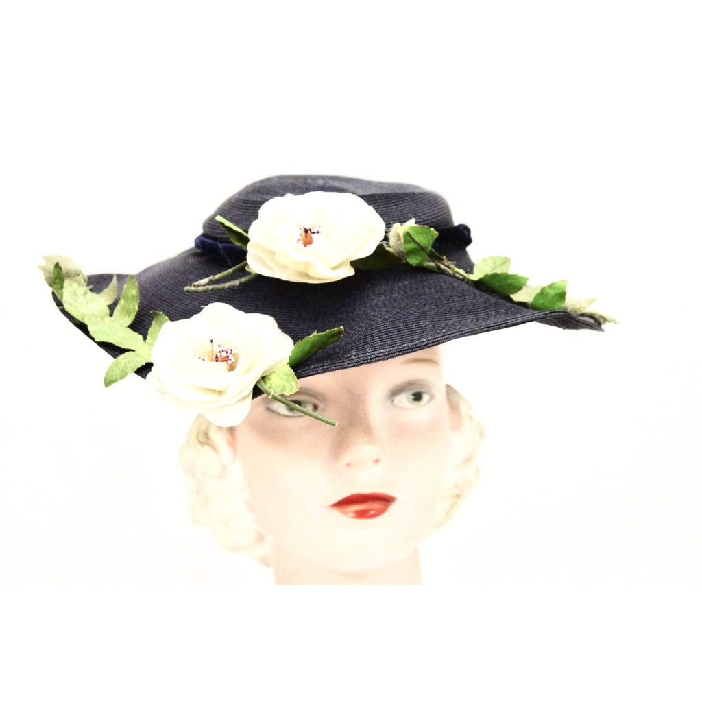 Vintage 1950s Womens Saucer Hat Wide Brim Church Dark Navy Straw Flowers O/S The Best Vintage Clothing