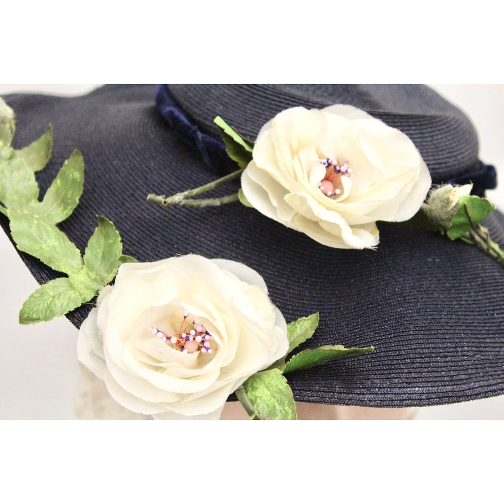 Vintage 1950s Womens Saucer Hat Wide Brim Church Dark Navy Straw Flowers O/S The Best Vintage Clothing