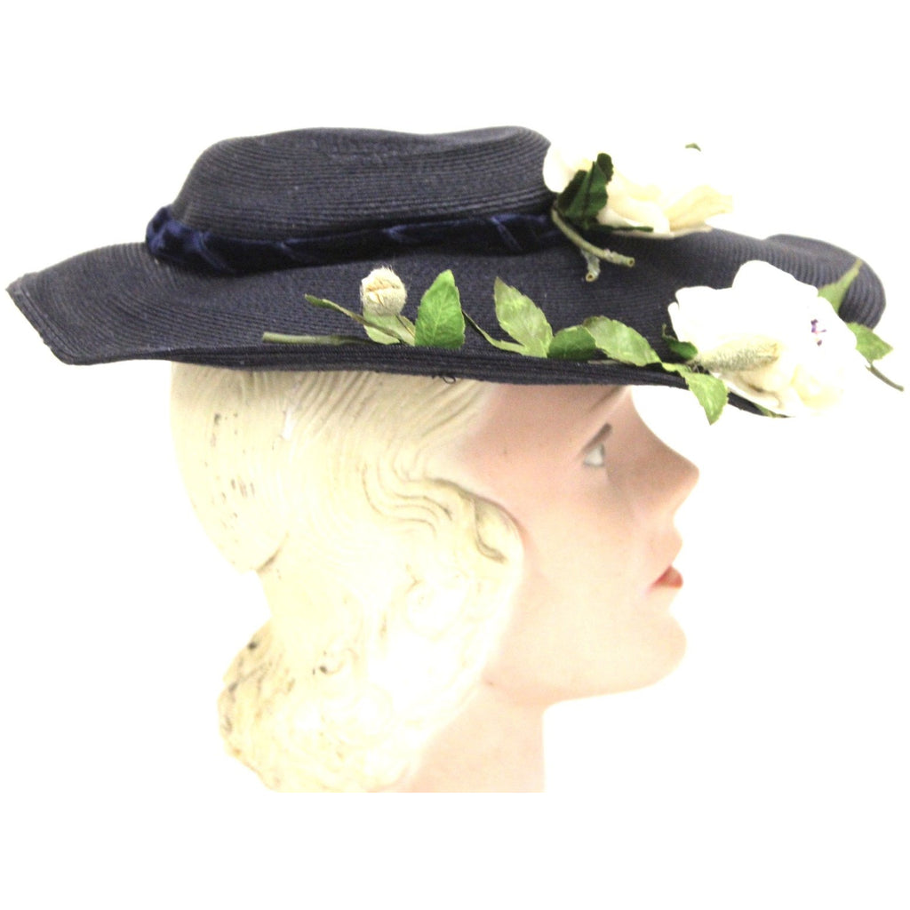 Vintage 1950s Womens Saucer Hat Wide Brim Church Dark Navy Straw Flowers O/S The Best Vintage Clothing