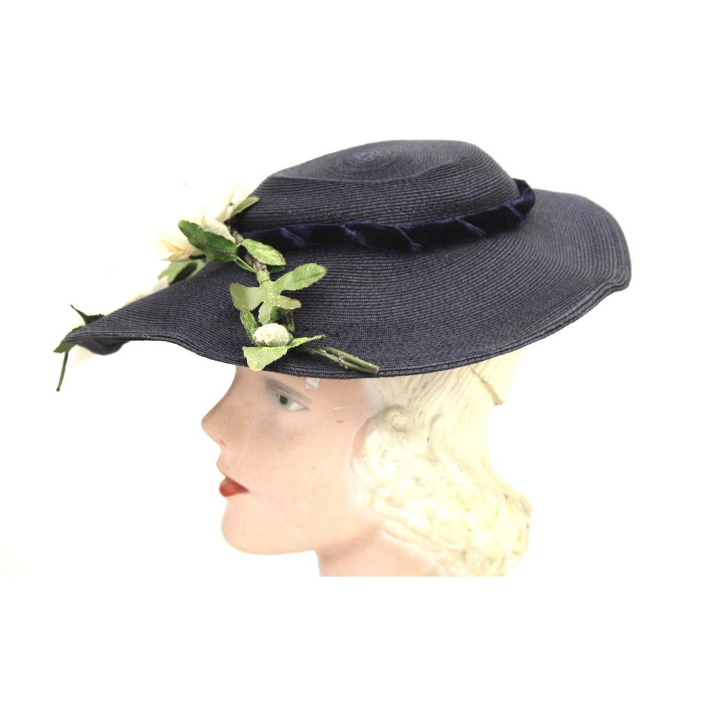 Vintage 1950s Womens Saucer Hat Wide Brim Church Dark Navy Straw Flowers O/S The Best Vintage Clothing