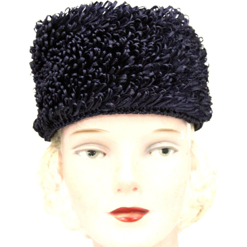 Vintage Crocheted Cellophane Straw Hat Toque Pillbox Navy Blue Italy O/S 1960s Womens The Best Vintage Clothing