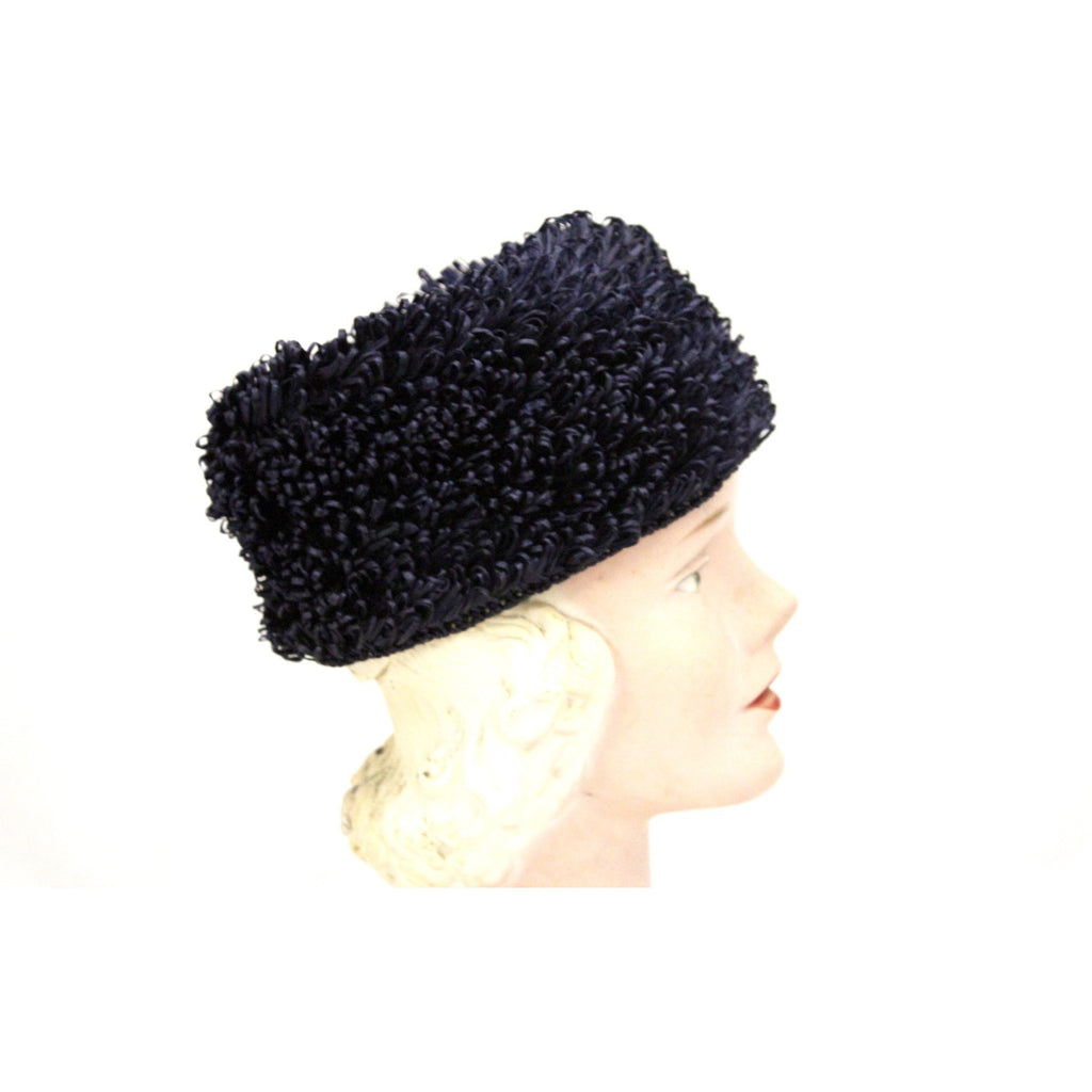 Vintage Crocheted Cellophane Straw Hat Toque Pillbox Navy Blue Italy O/S 1960s Womens The Best Vintage Clothing