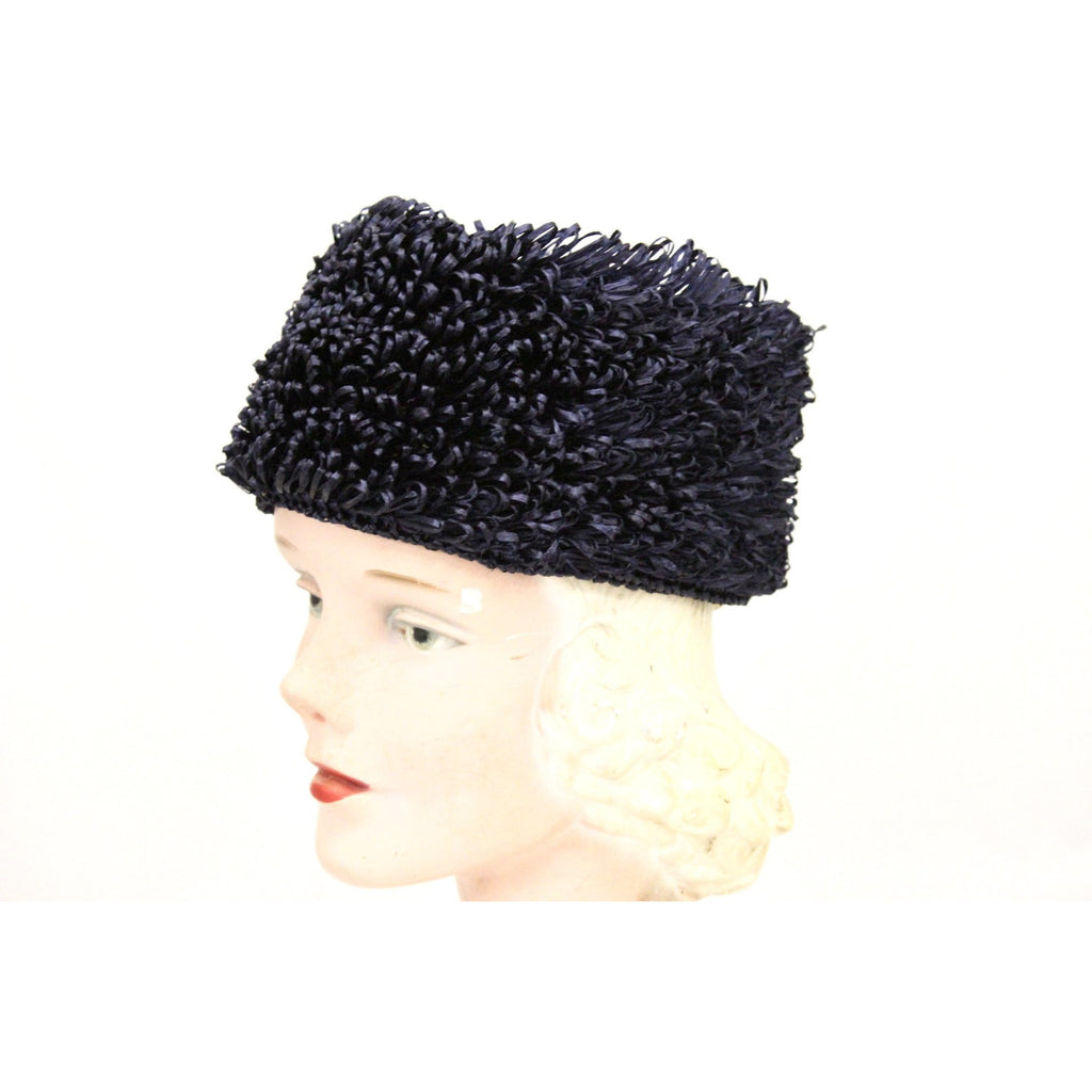 Vintage Crocheted Cellophane Straw Hat Toque Pillbox Navy Blue Italy O/S 1960s Womens The Best Vintage Clothing