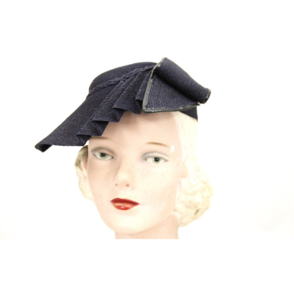 Vintage 1930s Straw Hat Asymmetrical Fan Fascinator Navy Blue Hand Blocked 22 Womens The Best Vintage Clothing