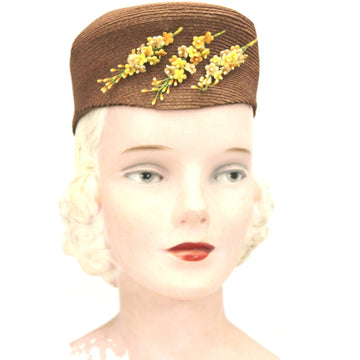 Vintage Womens Hat 1930s Tall Copper Straw Military Style 23" Yellow Flowers The Best Vintage Clothing