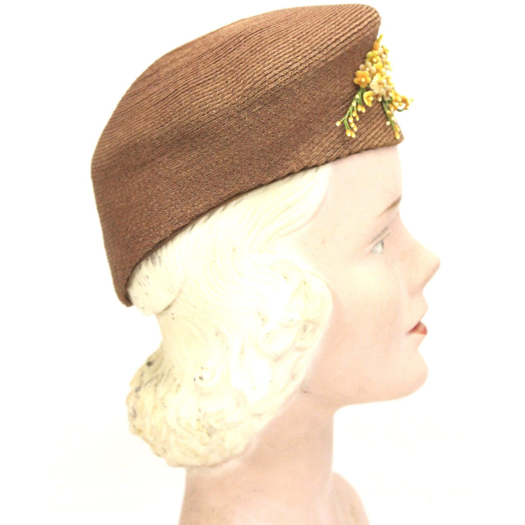 Vintage Womens Hat 1930s Tall Copper Straw Military Style 23" Yellow Flowers The Best Vintage Clothing