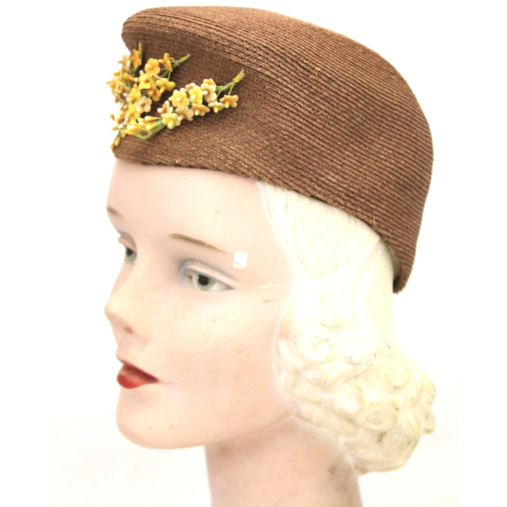 Vintage Womens Hat 1930s Tall Copper Straw Military Style 23" Yellow Flowers The Best Vintage Clothing