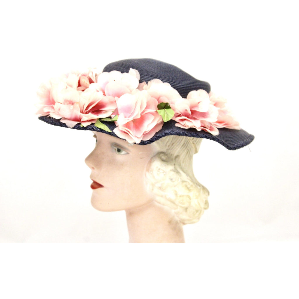 Lovely Vintage 1940s Womens Wide Brimmed Church Hat Lots of Pink Flowers Navy Blue Straw The Best Vintage Clothing