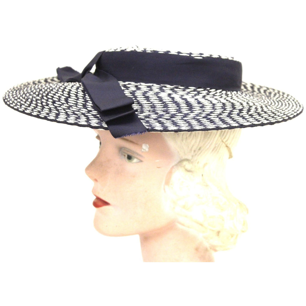 Vintage Wide Brim Straw Hat 1950s Navy & White Saucer Hat Mid Century O/S 14" Church The Best Vintage Clothing