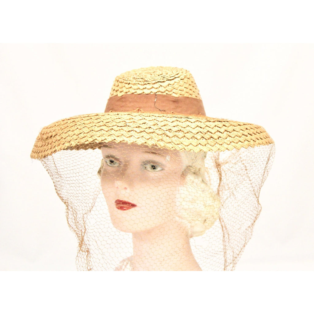 Vintage Wide Brim Straw Hat Veiled 1940s Church WW2 Natural Straw Fedora The Best Vintage Clothing