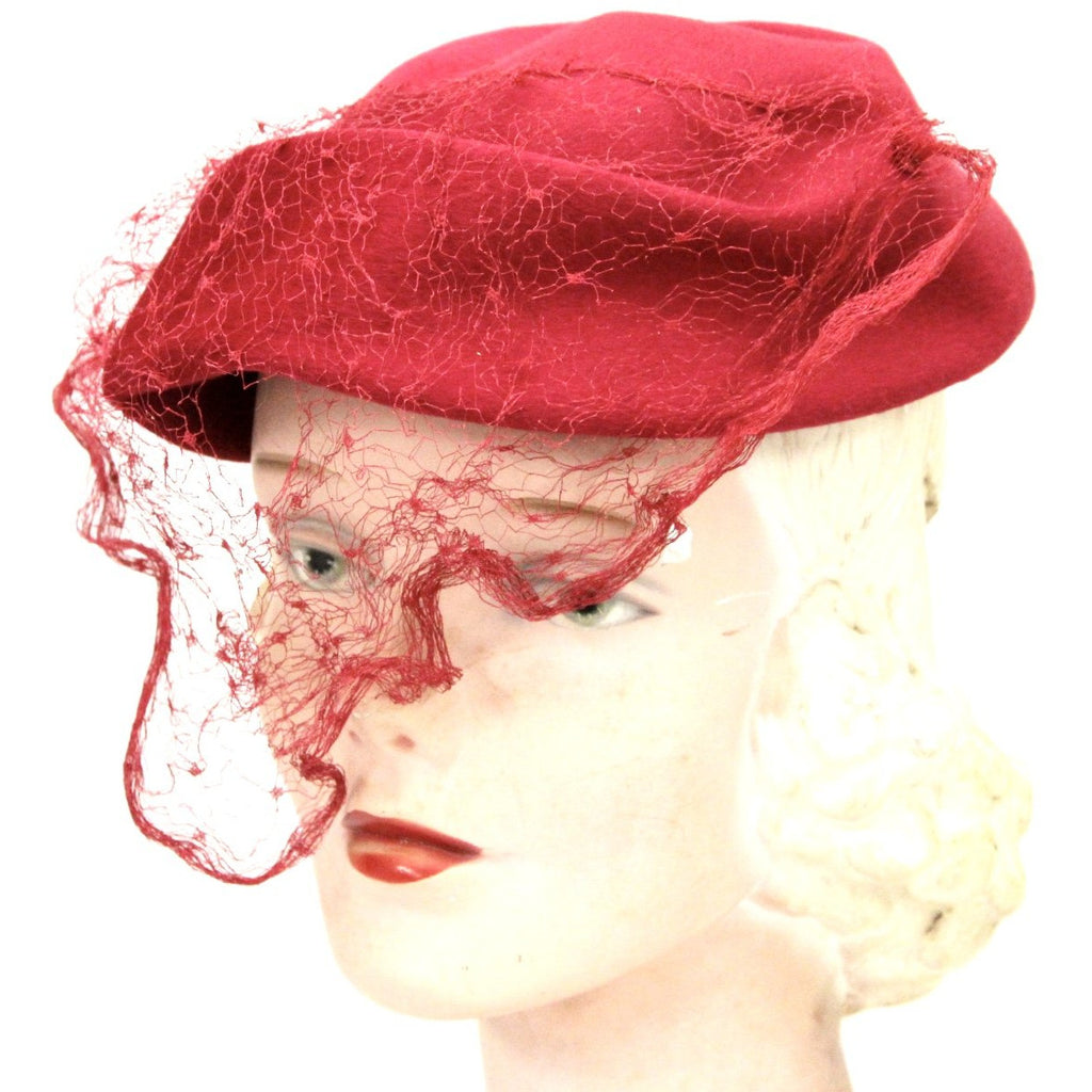 Vintage Womens Red Dark Pink Veiled Hat 1940s WW2 Razooks Plaza Hotel Guernsey Pie The Best Vintage Clothing