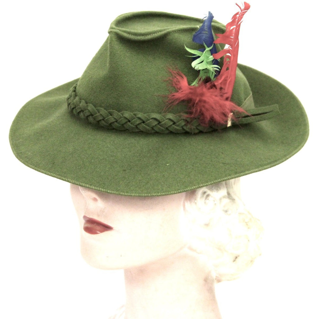 Vintage Green Fedora Womens 1940s Fascinator 22" Red Feathers WW2 Guernsey Pie The Best Vintage Clothing