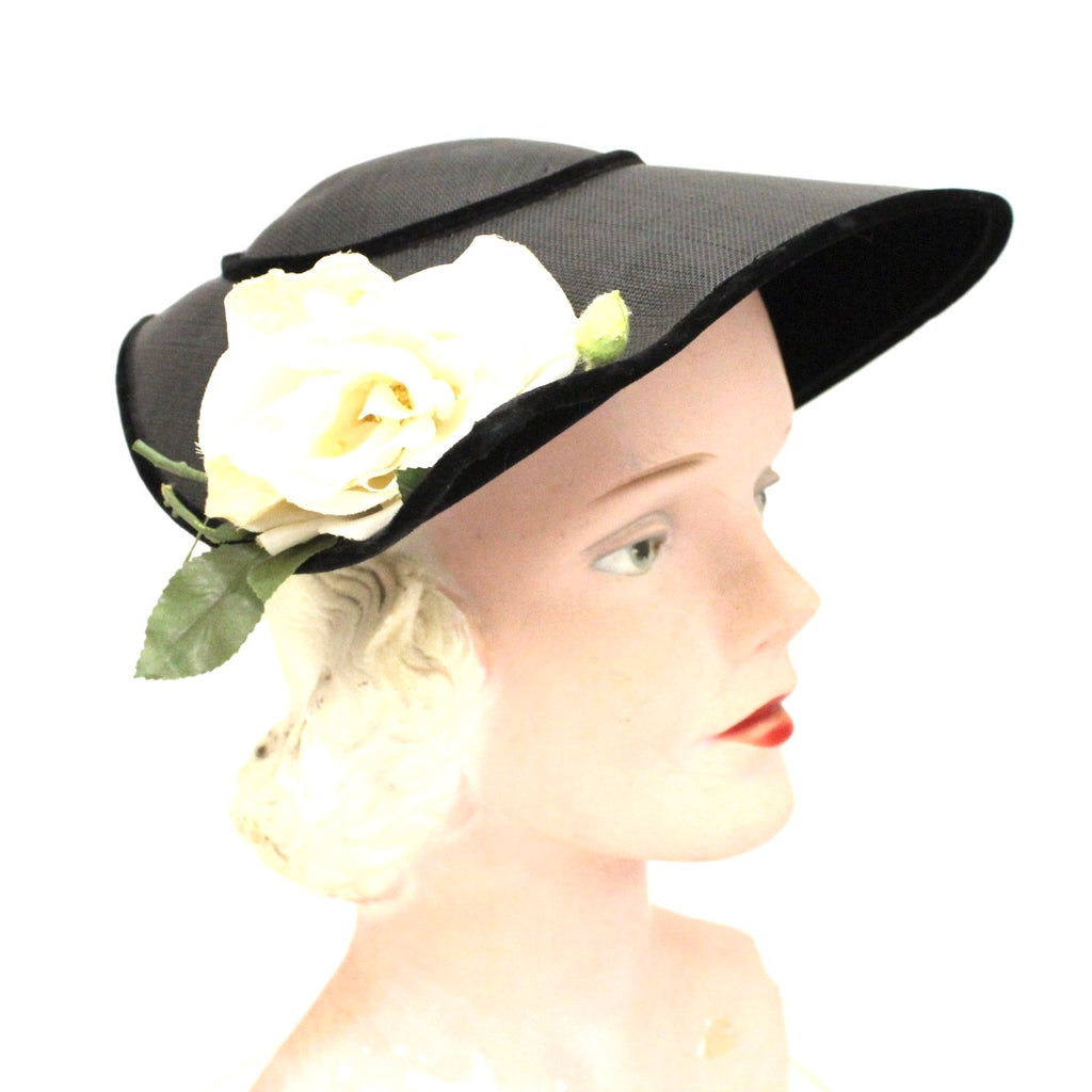 Vintage Wide Brimmed Saucer Hat Teardrop Black Straw Yellow Rose 1950s Church Marvelous Maisel The Best Vintage Clothing