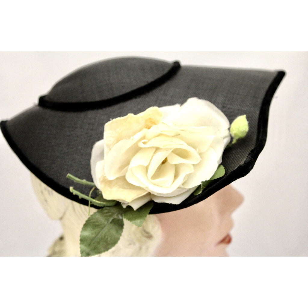 Vintage Wide Brimmed Saucer Hat Teardrop Black Straw Yellow Rose 1950s Church Marvelous Maisel The Best Vintage Clothing