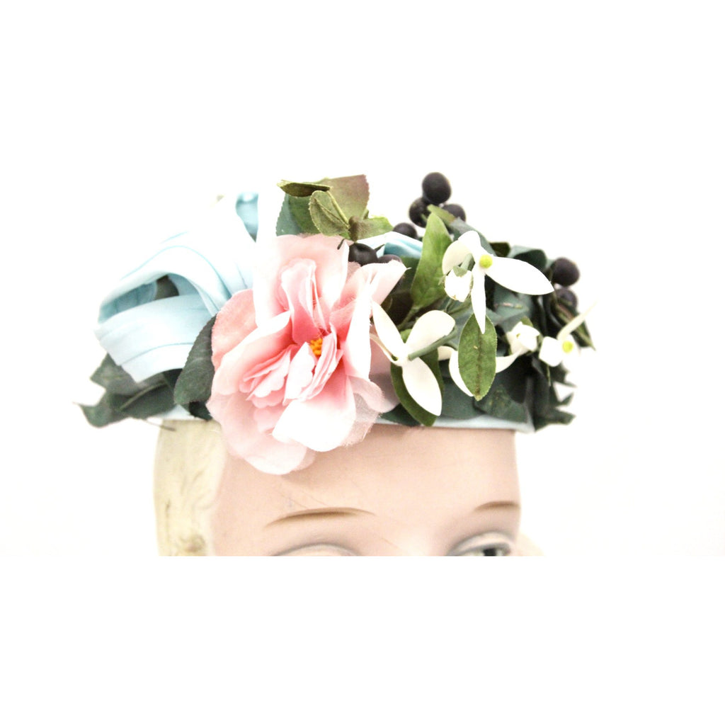 Vintage Don Anderson Womens Hat Garden Party 1940s Pillbox Blue Pink Flowers Blueberries The Best Vintage Clothing