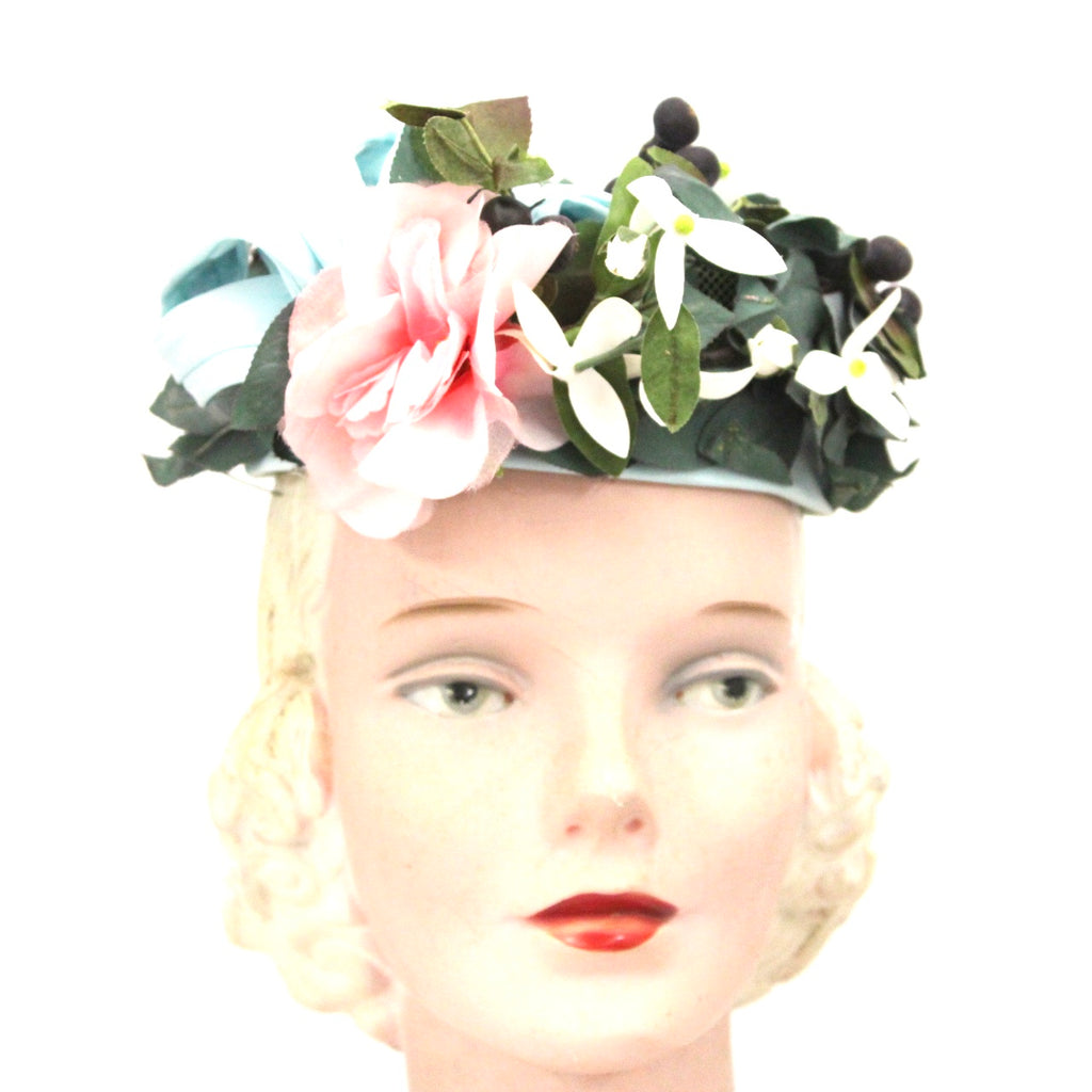 Vintage Don Anderson Womens Hat Garden Party 1940s Pillbox Blue Pink Flowers Blueberries The Best Vintage Clothing