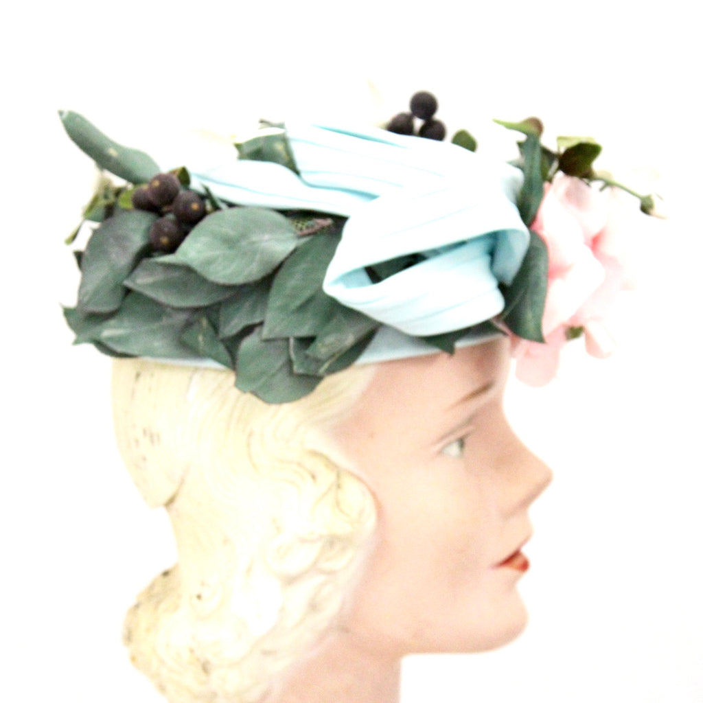 Vintage Don Anderson Womens Hat Garden Party 1940s Pillbox Blue Pink Flowers Blueberries The Best Vintage Clothing