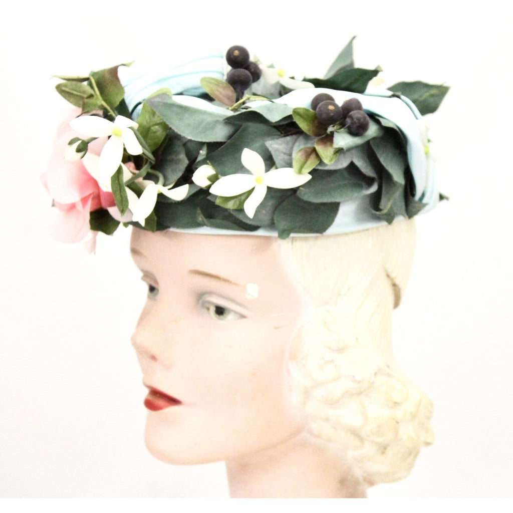 Vintage Don Anderson Womens Hat Garden Party 1940s Pillbox Blue Pink Flowers Blueberries The Best Vintage Clothing