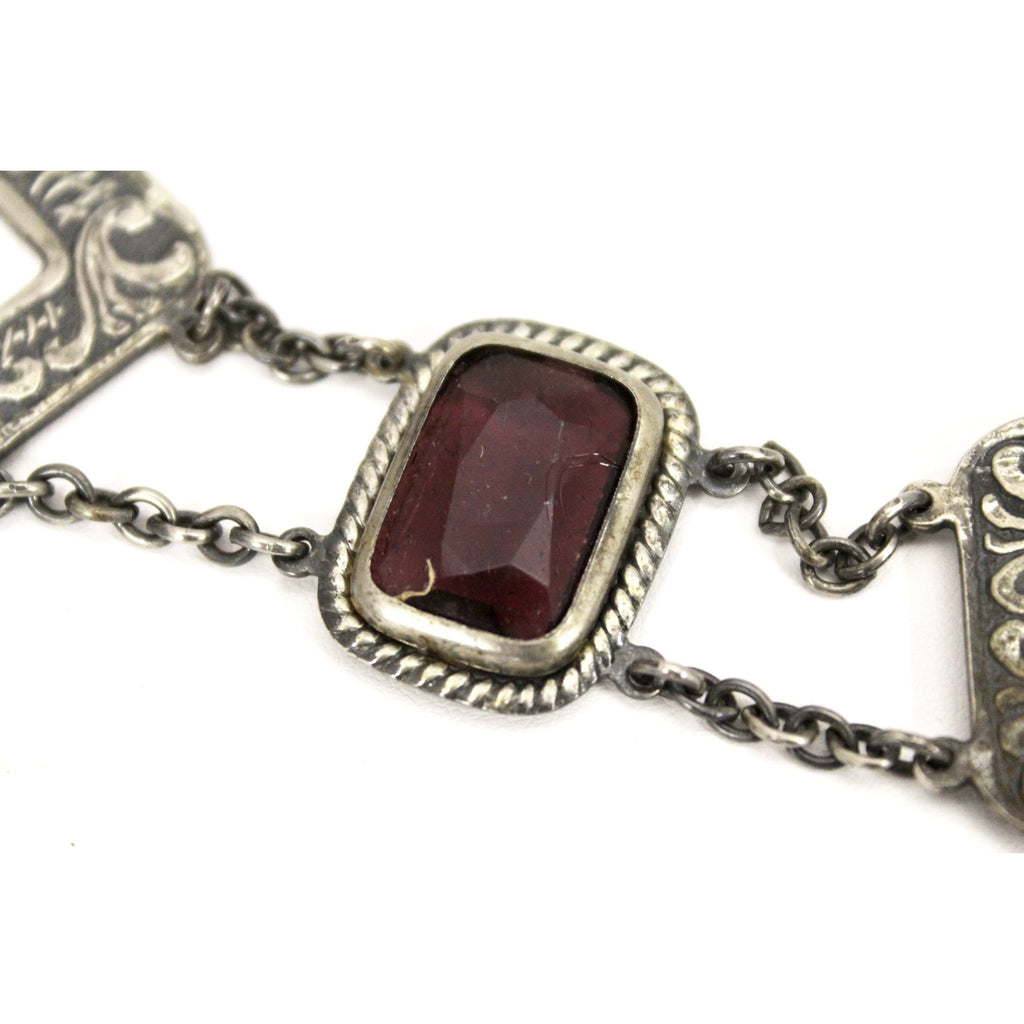 Antique Victorian Chain Segment Belt Huge Amethyst Purple Glass Stones Cubist 34" Square Dark Silver Necklace The Best Vintage Clothing