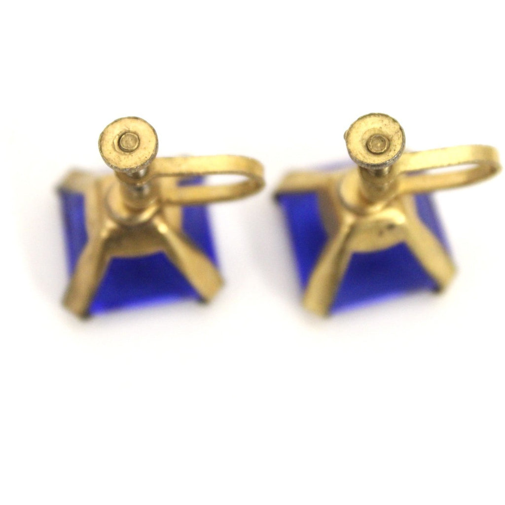 Vintage 1920s Earrings Cobalt Blue Glass Square Faceted Brass Screw Back 9/16" Art Deco Gatsby The Best Vintage Clothing