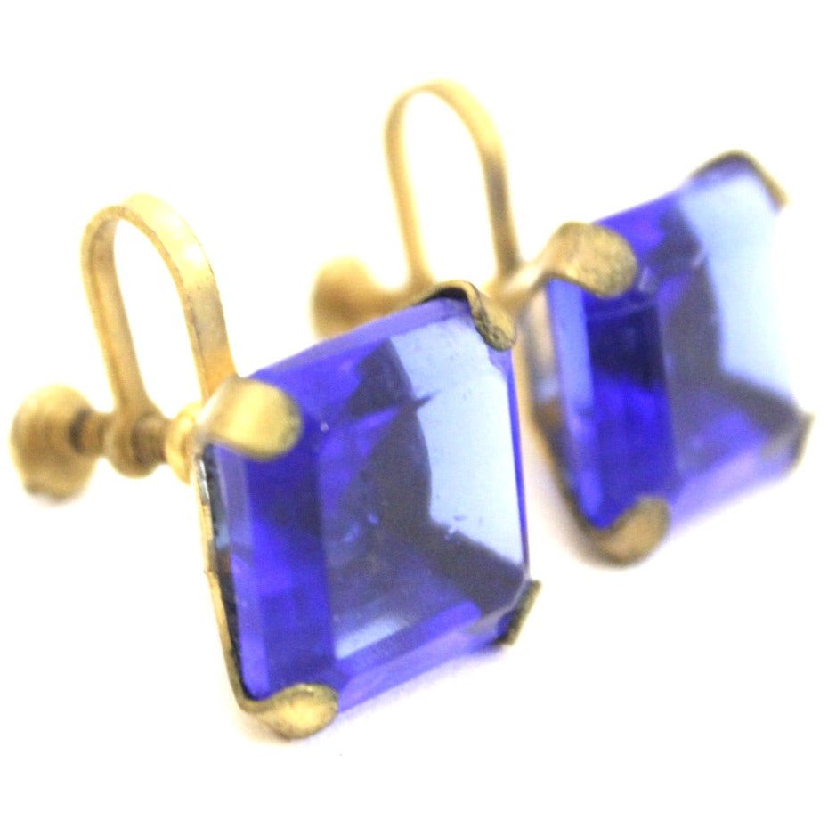 Vintage 1920s Earrings Cobalt Blue Glass Square Faceted Brass Screw Back 9/16" Art Deco Gatsby The Best Vintage Clothing