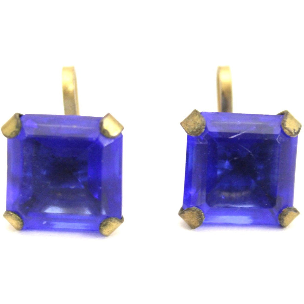 Vintage 1920s Earrings Cobalt Blue Glass Square Faceted Brass Screw Back 9/16" Art Deco Gatsby The Best Vintage Clothing