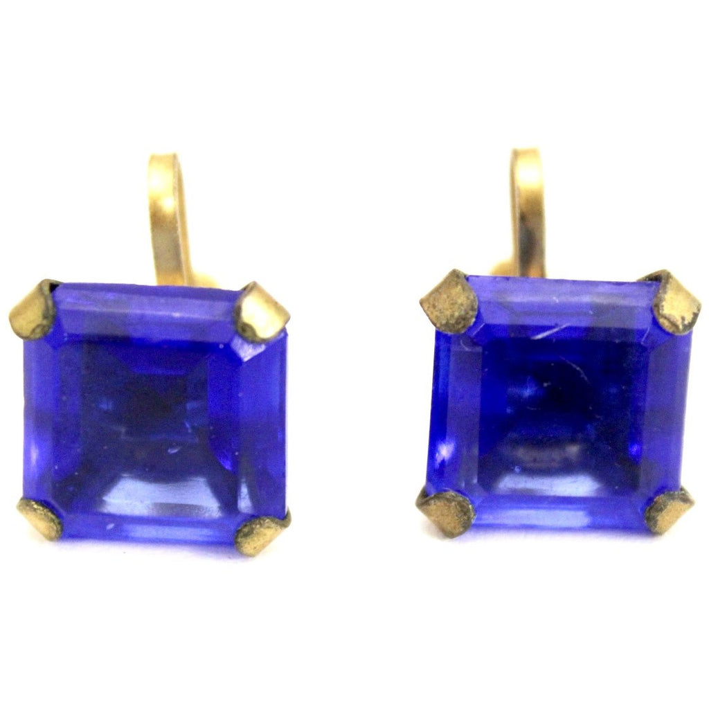 Vintage 1920s Earrings Cobalt Blue Glass Square Faceted Brass Screw Back 9/16" Art Deco Gatsby The Best Vintage Clothing